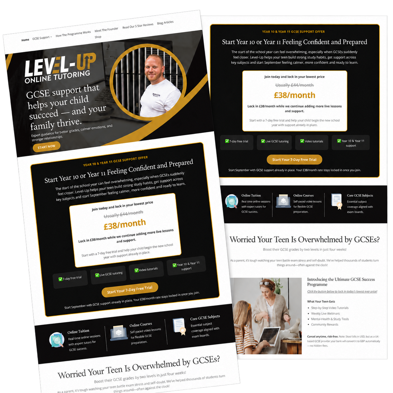 Two overlapping previews of the Level Up website